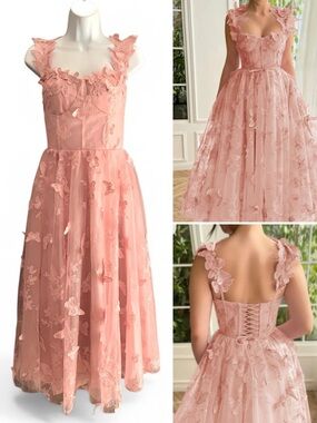 3D Butterfly Lace Applique Corset Back Tulle Prom Dress Midi Length Pink- 10